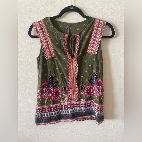 Anthropologie olive green and pink floral boho v neck tank top blouse - Picture 4 of 6